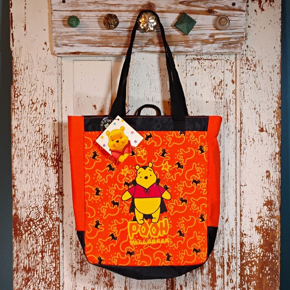 Vintage 80's Winnie the Pooh Halloween Tote Candy Bag Orange Black